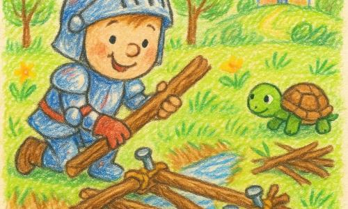 Een jonge ridderjongen genaamd Koen met een rond, glimlachend gezicht en iets te grote helm draagt glanzende pantserplaten met blauwe en rode tinten; hij knielt op de linkeroever en legt met een dikke tak een houten balk om een eenvoudige loopbrug te bouwen. Een kleine groene schildpad met een bruine rug en nieuwsgierige ronde ogen schuifelt langzaam naast hem op de rechteroever bij een stapel takken en kijkt naar de brug in aanbouw. De scène is een bosopen plek met lichtgroene ronde bladeren, gras met gele bloemen, een brede glinsterende rivier die de blauwe lucht weerkaatst en op een heuvel in de verte een klein kleurig kasteel; de sfeer is warm en veilig, levendige kleuren, zichtbare potloodlijnen en zachte contouren geschikt voor jonge kinderen.