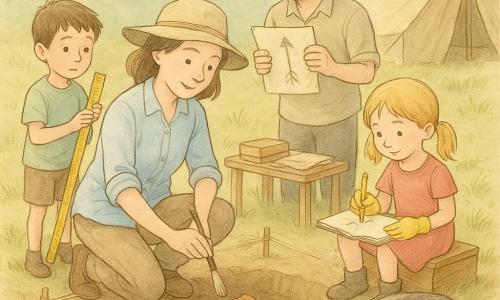 Una donna archeologa sorridente e concentrata, con camicia azzurra e cappello beige morbido, inginocchiata al bordo di uno scavo circolare mentre pulisce delicatamente un piccolo frammento di terracotta con un pennello sottile; un bambino di 7 anni, capelli castani corti, tiene un righello di plastica e misura la profondità del foro, attento e curioso; una bambina di 5 anni, capelli biondi a codini, con guanti gialli tiene un taccuino aperto dove disegna la freccia del nord, seduta su una piccola cassa di legno vicino allo scavo; un assistente di circa 30 anni, con barba leggera, traccia la freccia del nord su un piano di carta posato a terra stando dietro alla donna; un vecchio cane di nome Pepe, pelo grigio con macchie marroni, dorme rannicchiato vicino a una coperta all'ombra di una piccola tenda; il luogo è un campo erboso a terreno sabbioso con lo scavo circolare circondato da picchetti e corde, un tavolo di legno con scatole e teli protettivi e una tenda beige sullo sfondo; la scena principale mostra la donna che pulisce e scopre un frammento di ceramica, tutti i presenti osservano con dolcezza e rispetto, luce mattutina tenue e ombre leggere.