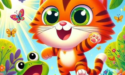 Un gatto curioso di nome Micio, con un pelo a strisce arancioni e occhi verdi brillanti di eccitazione, salta gioiosamente in aria, con un grande sorriso sul viso. Accanto a lui, una piccola rana di nome Riny, con una pelle verde lucida e occhi rotondi, canta saltellando, con le zampe posteriori in aria, piena di gioia. La scena si svolge in una giungla colorata, con alberi dalle foglie lussureggianti, fiori dai colori vivaci e raggi di sole che filtrano tra i rami, creando un'atmosfera magica. Micio e Riny partecipano a una corsa di salti, circondati da altri animali del villaggio, tutti che ridono e applaudono, mentre Micio cerca di seguire una farfalla colorata che vola intorno a loro, aggiungendo un tocco di dinamismo a questa gioiosa competizione.