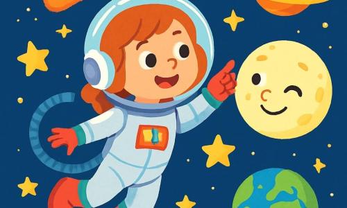 Eine junge Astronautin, Lena, lächelt voller Staunen und schwebt im Weltraum, gekleidet in einen glänzenden, bunten silbernen Raumanzug mit einem transparenten Helm. Ihre Augen funkeln vor Freude, während sie auf die funkelnden Sterne um sich herum zeigt. In der Nähe winkt der große, freundliche Mond mit einem lächelnden Gesicht und sanften Kratern. Der Hintergrund ist ein weitläufiger Sternenhimmel, gefüllt mit bunten Planeten und leuchtenden Nebeln, während die blaue und grüne Erde in der Ferne wie eine Marmor-Kugel sichtbar ist. Lena entdeckt in der Schwerelosigkeit die Wunder des Universums, fasziniert von der Schönheit der Sterne und des Kosmos um sie herum.