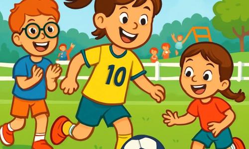 Een jong meisje, Lisa, ongeveer 10 jaar oud, met een glimlach en vol energie, draagt een felgele voetbalshirt met nummer 10. Haar bruine haar, in een paardenstaart, wappert in de wind terwijl ze de bal over het veld dribbelt. Naast haar staat een jongen van 9 jaar, Sam, met een bril en een blauwe t-shirt, die Lisa aanmoedigt met een grote glimlach. Een ander kind, Emma, een meisje van 8 jaar met vlechten, rent naar de bal, met sprankelende ogen van opwinding. Het voetbalveld is groen, omringd door witte hekken en enthousiaste toeschouwers, met een helderblauwe lucht en enkele wolken erboven. Op de achtergrond zijn groene bomen en kinderen die op een speelplaats spelen. De scène toont Lisa die de bal aan Emma passeert, terwijl Sam enthousiast aanmoedigt. De sfeer is vrolijk en dynamisch, vol energie en kameraadschap, wat het plezier van het spel en de teamgeest illustreert.