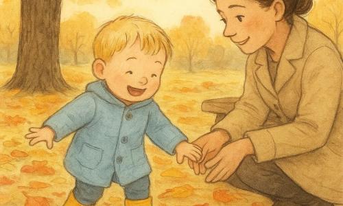 Een vrolijk 2‑jarig jongetje met kort blond haar, rode wangetjes, lichtblauwe jas en gele laarsjes stampt op gekleurde herfstbladeren en reikt naar een glanzende kastanje; zijn moeder, ongeveer 30 jaar, met kastanjebruin haar in een knot en een beige jas, glimlacht aandachtig terwijl ze zijn hand vasthoudt en op of bij een houten bankje bij hem zit; achtergrond: klein herfstpark met rood‑gele‑bruine bladeren, een grote boom met donkere schors en een zichtbaar nest, enkele eikels en verspreide kastanjebomen, zacht laag zonlicht; sfeer: rustig en teder, compositie nabij de twee personen op kinderhoogte, warme kleuren, fijne potloodtexturen en transparante aquarel voor bladeren en lucht.