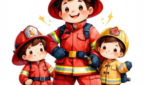 Ein Feuerwehrmann namens Max steht in der Mitte des Bildes, mit einem breiten Lächeln und funkelnden Augen vor Aufregung. Er trägt einen leuchtend roten Feuerwehranzug, einen glänzenden Helm und hält einen Feuerwehrschlauch in den Händen. Neben ihm steht Timmy, ein 8-jähriger Junge mit zerzausten blonden Haaren und staunenden blauen Augen. Er trägt ein gelbes T-Shirt und eine blaue Shorts, schaut Max bewundernd an, mit den Händen in den Hüften, bereit, seinen Geschichten zuzuhören. Im Hintergrund sieht man ein altes Backsteingebäude mit orangefarbenen und gelben Flammen, die aus einem Fenster schlagen. Grüne Bäume umgeben das Gebäude, und ein roter Feuerwehrwagen mit blinkenden Lichtern steht in der Nähe. Max leitet die Löschung eines kleinen Feuers, während Timmy fasziniert zuschaut und davon träumt, selbst Feuerwehrmann zu werden. Die leuchtenden Farben und der verspielte Stil der Illustration fangen den Geist von Abenteuer und Kameradschaft der Geschichte ein.