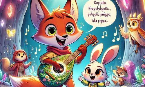 Młody rudy lis o imieniu Fik z dużymi błyszczącymi oczami i zdumionym uśmiechem gra na skrzydłogitarze, świetlistym instrumencie zrobionym z liści i kryształów, w środku migoczącej jaskini. Obok niego skacze mała biała króliczka Zulia z długimi uszami i błyszczącymi oczami, entuzjastycznie bijąc rytm na tylnych łapkach. Mądra sowa Gaja o złotych piórach i mądrym spojrzeniu obserwuje z podziwem, zapisując notatki w unoszącym się notatniku. Miejsce to magiczna grota z migoczącymi, kolorowymi ścianami, gdzie w powietrzu unoszą się melodie, a błyszczące kryształy oświetlają przestrzeń. Scena ukazuje grupę grającą razem, tworzącą radosną melodię, która wibruje w atmosferze, podczas gdy za nimi otwiera się świetlisty portal, obiecując nowe przygody.