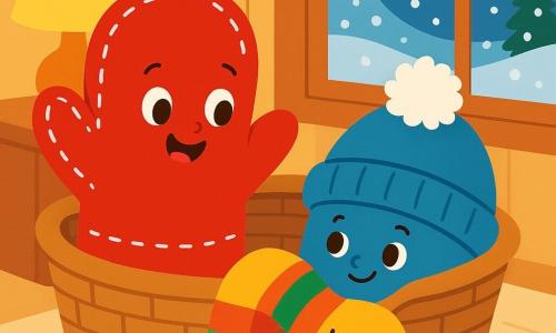 A small red mitten named Mimi stands at the edge of a large wicker basket, wearing a joyful smile and sparkling eyes full of excitement. She is soft and round, with white seams that shine in the light. Next to her, a blue wool hat with a white pom-pom looks at Mimi with a comforting and friendly expression, its frayed edges resembling a hug. A brightly colored striped scarf wrapped around a small plush toy leans toward Mimi with a warm smile, ready to share a moment of tenderness. The setting is a cozy room with light wooden walls and a window overlooking a snowy landscape. Large snowflakes gently fall outside, covering the ground with a thick white layer. Inside, the soft light from a lamp creates a warm and welcoming atmosphere. Mimi, with a light heart, admires the winter landscape while feeling surrounded by warmth and friendship, ready to enjoy joyful moments with her friends.