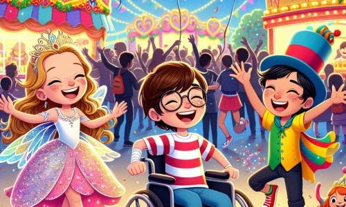 No centro da imagem, quatro amigos estão reunidos em um parque colorido durante o carnaval. Lucas, um menino de 10 anos com cabelos castanhos e óculos, está sentado em sua cadeira de rodas, rindo muito. À sua direita, Ana, uma menina de 10 anos com longos cabelos loiros e um traje de fada brilhante, dança alegremente agitando brilhos. À esquerda, Miguel, um menino de 10 anos com cabelos negros e uma camiseta listrada, faz uma careta engraçada imitando um leão. Por fim, Pedro, um menino de 10 anos com cabelos ruivos e um chapéu de palhaço, segura um grande balão em forma de coração e sorri amplamente. O cenário é um parque festivo, cheio de balões coloridos flutuando no ar, guirlandas luminosas e barracas de comida com doces. Ao fundo, carros alegóricos decorados com flores e luzes passam, enquanto crianças e adultos dançam e riem ao redor. A cena principal mostra os amigos participando de uma caça ao tesouro, procurando uma estrela dourada escondida entre as decorações do carnaval, com expressões de alegria e excitação em seus rostos.