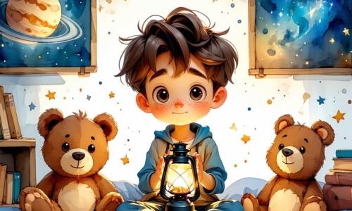 Um garoto de 12 anos, Miguel, está no centro da imagem, com cabelos castanhos bagunçados e olhos brilhantes de curiosidade. Ele tem uma expressão nervosa e determinada, segurando uma pequena lanterna que emite uma suave luz dourada, iluminando seu rosto. Miguel está sentado em sua cama, cercado de pelúcias e livros, em um quarto decorado com pôsteres de astronomia. Ao seu lado, Clara, uma menina de 11 anos com cabelos loiros trançados e um sorriso encorajador, segura uma luz noturna em forma de estrela que brilha suavemente. Ela está sentada no chão, em frente a Miguel, oferecendo seu apoio. Lucas, um garoto de 12 anos com óculos e cabelos castanhos, está de pé perto da janela, olhando as estrelas através do vidro, com um ar de empolgação. A cena acontece no quarto de Miguel, onde as paredes são pintadas de azul noite e decoradas com constelações brilhantes. A luz da lua filtra através das cortinas, criando sombras dançantes no chão. A situação principal mostra Miguel, Clara e Lucas reunidos para uma 