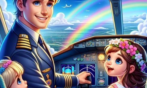 Pilot samolotu, mężczyzna w wieku około trzydziestu lat, uśmiechnięty i pewny siebie, nosi granatowy mundur z złotymi epauletami. Jego brązowe włosy są lekko rozczochrane przez wiatr, a on stoi w kokpicie dużego samolotu, z zachwytem patrząc przez okno, gdzie widać wspaniałą widokową panoramę białych chmur i kolorową tęczę. Obok niego stoi mała dziewczynka w wieku około 8 lat, w różowej sukience i kapeluszu z kwiatami, z szeroko otwartymi oczami, zafascynowana krajobrazem. Trzyma za rękę swojego przyjaciela, chłopca w wieku 9 lat, z blond włosami i okrągłymi okularami, który z entuzjazmem wskazuje tęczę, szeroko się uśmiechając. Kokpit jest wypełniony kolorowymi przyciskami i jasnymi ekranami, tworząc magiczną i fascynującą atmosferę. Na zewnątrz niebo jest jasnoniebieskie, usiane puszystymi chmurami, a światło słoneczne oświetla scenę, dodając ciepła i radości. Główna sytuacja pokazuje pilota i dzieci przelatujących nad wspaniałym krajobrazem, zachwyconych pięknem nieba i chmur, dzielących wspólny moment odkrywania i przygody.