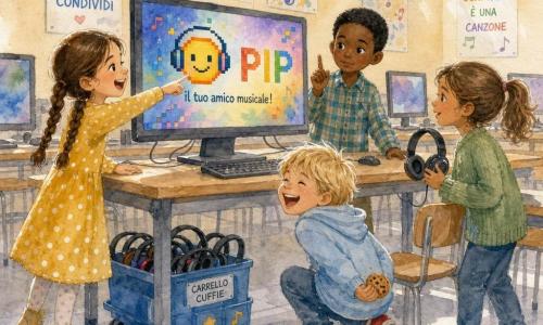 Ci sono quattro bambini: Mina, 7 anni, capelli castani in due lunghe trecce, vestito giallo a pois bianchi, in piedi a sinistra che indica il monitor sorridendo; Luca, 7 anni, capelli biondi spettinati, felpa azzurra e scarpe rosse, accovacciato a centro destra che ride tenendo un biscotto nascosto dietro la schiena; Sara, 7 anni, capelli castano chiaro in coda, gilet verde, a destra davanti a una sedia con cuffie in mano che guarda il monitor; Ettore, 7 anni, capelli neri corti, camicia a quadri, al centro leggermente avanti con un dito alzato, espressione seria ma dolce. Luogo: aula informatica scolastica dipinta ad acquerello, pareti crema con poster colorati, banchi in legno chiaro, carrello per cuffie blu, finestre alte con luce soffusa e pavimento in linoleum grigio chiaro. Situazione: i bambini circondano un grande monitor luminoso al centro del tavolo; sullo schermo un'icona pixel sorridente con la scritta PIP; atmosfera gioiosa e complice, gesti dinamici (risate, indicare, inserire la presa delle cuffie), dettagli acquerellati, riflessi colorati sullo schermo e texture morbide.