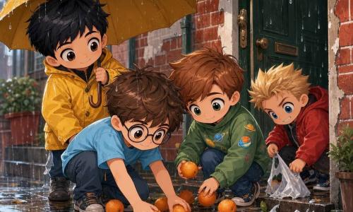 Cuatro niños de 11 años: Simón, cabello castaño despeinado, camiseta azul claro y gafas redondas, agachado en el centro recogiendo naranjas; Hugo, pelo negro corto y impermeable amarillo, sostiene un gran paraguas detrás a la izquierda; Leo, cabello castaño, sudadera verde con stickers de planetas, a la derecha recogiendo naranjas con ambas manos y sonrisa; Dani, pelo rubio corto, chaqueta roja, agachado frente a la puerta juntando bolsas de plástico rotas con aire travieso. Ambientado en la entrada de un edificio urbano con suelo de losas mojadas y brillantes, paredes de ladrillo rojo con pintura desconchada y puerta de madera verde oscuro, cajas y bolsas por el suelo y reflejos de lluvia. Escena de día lluvioso cálida y dinámica: los niños ayudan a una vecina mayor recogiendo naranjas brillantes que ruedan, paraguas amarillo protegiéndolos, gotas de lluvia como perlas, expresiones de cooperación; colores vivos y contrastados, luz suave filtrada, estilo chibi kawaii con proporciones redondeadas y rasgos expresivos.