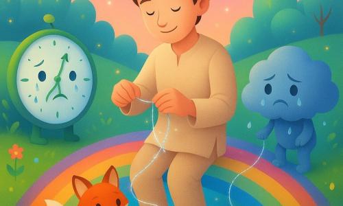 A young man with soft features, tousled brown hair and simple beige linen clothes, face bright and tender, delicately holds a glittering silver thread as if mending it while standing on a rainbow bridge; to his left sits an anthropomorphic, willow-sized clock with a water dial and ivy hands that weeps droplets turning into stars and looks repentant; to his right stands a small storm-boy — a fluffy cloud with lightning hair and rainy eyes — hands trembling as he helps untangle the thread, shy and remorseful; a sleek red fox with mischievous eyes brings a ribbon of moonlight and stands at the man's feet with its tail curled around a stone; the setting is a rainbow bridge over a shimmering river with emerald mossy banks, colorful flowers, mirror-leaved trees, a sky both morning-pink and evening-blue, and floating fireflies; scene: repairing the 