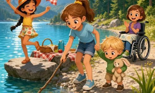 There are four characters: Maya, about 10, chestnut hair tied with a yellow band, light blue T‑shirt and jean shorts, holding Leo’s hand and using a long stick to retrieve a doily near the water; Leo, 3, tousled blond hair, small green sweatshirt, holding a beige rabbit comforter, curious at the lake edge; Nina, about 9, tanned skin, black braided hair, orange sun hat and floral shorts, dancing and laughing on a flat sun‑warmed rock to Maya’s left; Sofia, about 9, short brown hair, bright green shoes, seated in a modern light‑gray wheelchair with a small blanket, applauding from a path set back to the right. Setting: a clear blue‑green mountain lake with smooth pebble shore and tall grasses, dark pines and gentle mountains under a pale blue sky with a ribbon of sunlight on the water. Main scene: a lively summer picnic—red and white doilies and napkins blowing about, one doily drifting toward the water as Maya uses a long stick to retrieve it while holding Leo, Nina dancing on a warm rock and Sofia clapping from her wheelchair—bright, joyful atmosphere with sparkling reflections, soft shadows, and reassured, supportive expressions.