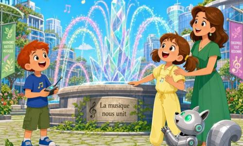 A joyful, focused 6-year-old girl, Mila, sings with a big smile, brown hair in pigtails, wearing a pale yellow jumpsuit and bright shoes, standing at the edge of a crystal fountain with one hand on the stone; a cheerful 6-year-old boy, Leo, with short red hair, stands slightly behind her to the left holding a small remote and singing along; Mila’s mother, a gentle woman of about 30 in a green dress, stands in the background to the right with her hand on Mila’s shoulder; a small silver squirrel-robot with blinking green eyes rolls in the foreground looking toward the fountain; two silver bird-robots with blue-green shining wings circle above the fountain, appearing to sing; the bright urban square features a large central crystal fountain with pastel-tinged arcing jets, green cobblestones edged with small plants and strawberry patches, and glass buildings with rooftop gardens in the background; the scene captures a joyful moment as the children sing to restore the fountain’s music, water dancing in colored arcs and small visual musical notes floating in the air.