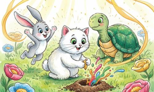 A fluffy white cat named Whiskers with round green eyes, smiling and amazed, delicately holds a small golden seed between its front paws; beside him, Benny the light-gray rabbit with big pink ears leaps joyfully, paws raised, excitedly watching; behind them sits Tilly, an elderly turtle with a shimmering emerald shell, calmly observing in an enchanted meadow of textured grass and large colorful flowers as Whiskers plants the golden seed into a small hole in dark rich soil while warm ribbons of light fall and bright colors begin to burst around them.
