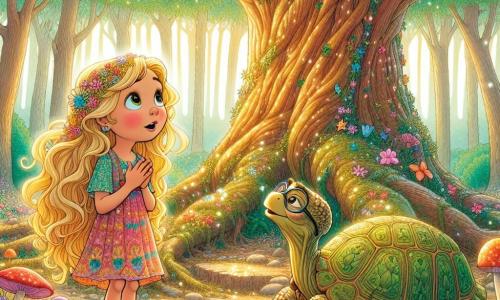 A 9-year-old girl named Lily stands at the foot of a huge enchanted oak, her eyes shining with curiosity and wonder. She has golden hair gently blowing in the breeze and wears a colorful dress adorned with flowers. She looks up, listening attentively to the leaves whispering secrets. Next to her, an old turtle named Tobias, with a moss-covered shell and small flowers, observes Lily with a wise gaze. He sits on a rock a few steps away, seeming ready to share his wisdom. The setting is a magical clearing in the heart of a dense forest, where sunlight filters through the branches, creating shimmering patterns on the ground. Colorful flowers and strange mushrooms surround the oak, adding a touch of whimsy to the environment. The main scene shows Lily listening carefully to Tobias's advice as they discuss themes of freedom, justice, and truth, symbolizing the little girl's quest for understanding in this enchanting place.