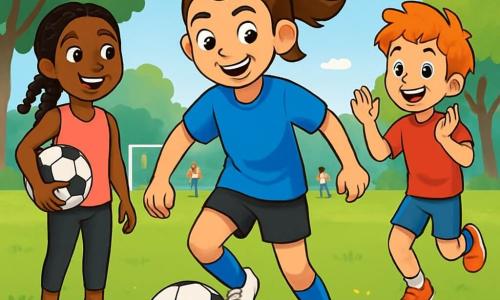 Yara, een 12-jarig meisje, staat in het midden van de afbeelding, glimlachend en vol vastberadenheid. Ze draagt een felblauw voetbalshirt, zwarte shorts en witte sportschoenen. Haar bruine haar is in een hoge paardenstaart, en haar ogen stralen van opwinding terwijl ze behendig met de bal dribbelt. Rechts van haar staat Daan, een 10-jarige jongen met rood haar, die enthousiast applaudisseert, zijn ogen fonkelen van vreugde. Hij draagt een rode t-shirt en blauwe shorts, en hij springt op de plaats, klaar om mee te doen. Links kijkt Samira, een 11-jarig meisje met zwarte vlechten, naar Yara met bewondering, een brede glimlach op haar gezicht. Ze houdt een bal onder haar arm en draagt een roze tanktop en zwarte leggings. De locatie is een groen voetbalveld, omringd door loofbomen en kleurrijke bloemen. De lucht is blauw met enkele witte wolken, en kinderen spelen op de achtergrond, wat een vrolijke en dynamische sfeer creëert. Yara laat een nieuwe dribbeltechniek zien aan de kinderen die aandachtig toekijken, vol verlangen om te leren. De energie is voelbaar, gevuld met lachen en aanmoedigingen, wat de teamgeest en het plezier van het spel illustreert.