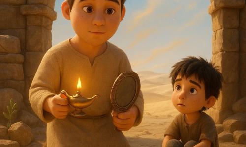 A young man, Yusef, with a slightly tanned round face and short dusty brown hair, wears a sand-colored tunic and worn leather boots; he holds a small golden oil lamp in one hand and an oval bronze‑framed mirror in the other, his expression calm and determined, eyes soft; a dusty six-year-old boy with messy black hair sits near the ruins' entrance to Yusef's right, watching him with relief and curiosity, hands on his knees. To the left a fallen column and stacked stones form a shelter; behind Yusef an ancient stone arch opens onto a desert of white dunes with wind lifting swirls of golden sand under a pale blue sky. The ground is cracked slabs and dust with faded star and wave carvings, and a lone olive branch bends in the wind near the arch. The moment captures Yusef discovering the mirror in an underground chamber and protecting the child from the storm, the lamp's warm light contrasting the cold desert light, creating a peaceful yet slightly dramatic atmosphere.