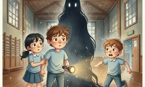 Un niño de 10 años de rostro redondo y cabello castaño despeinado sostiene una pequeña linterna que ilumina su cara mientras da un paso vacilante hacia una gran silueta oscura; a su izquierda, Sofía, también de unos 10 años, con coleta negra y manos aferradas al brazo del niño, mira preocupada pero firme; a la derecha, Miguel, de similar edad y cabello castaño claro, corre hacia la salida con expresión de pánico; delante de ellos, La Sombra, forma alta, oscura y difusa con un brillo pálido en lugar de ojos, ocupa el centro de un viejo gimnasio escolar de techo alto y vigas de madera, ventanas agrietadas por las que entra un rayo de luna, suelo barnizado que refleja la luz y polvo en el aire; ambiente nocturno, misterioso y tenso con contraste entre la luz cálida de la linterna y la masa fría de La Sombra, estética granulada y tonos de acuarela.