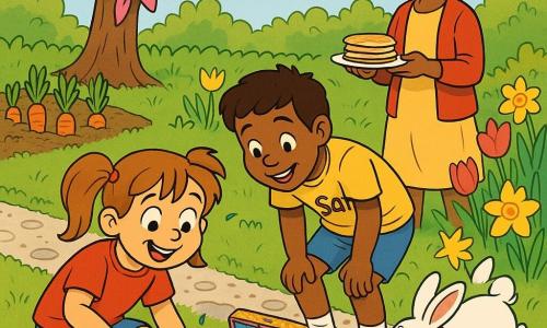 An 8-year-old girl with light brown hair in pigtails, chocolate on her lips and bright wide eyes, is crouched digging gently with a small pink shovel and has just unearthed a small glittery box wrapped in rainbow straw and stickers that opens to show a chocolate bunny and sparkling eggs; beside her, an about-8-year-old boy named Sam with short brown hair and dirty knees leans forward smiling to look into the hole; a woman in her early 30s with her hair in a bun stands a few steps away holding a plate of pancakes and watching warmly; a fluffy white rabbit named Marshmallow with a small bell collar hops among flowers to the children’s right; the spring garden has carrot beds with green shoots, yellow tulips and daffodils, an old apple tree with a pink ribbon, trimmed green grass and a pebble path; bright palette of spring greens, warm yellows, candy pinks, sky blue and golden highlights, clear lines, rounded shapes and exaggerated warm expressions for a joyful, child-friendly scene.