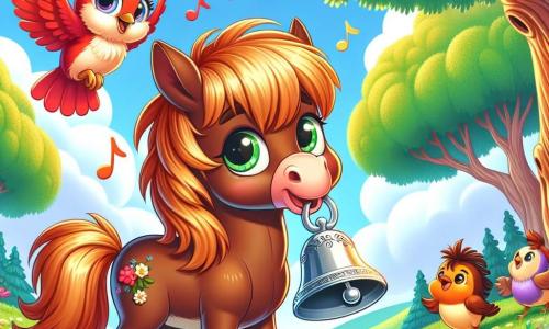 A small brown horse named Hazel, with a sweet caramel-colored mane and sparkling kind eyes, stands proudly in the center of the scene. Next to her, Pip, a small red bird with a shiny chest, joyfully flies around her, singing enthusiastically. In the background, a large oak tree with green and golden leaves rises majestically, while a gentle sun shines in a clear blue sky. The scene takes place in a lush meadow, dotted with colorful flowers and fluttering butterflies. Hazel, determined, holds a sparkling silver bell in her mouth that she has just found, surrounded by her animal friends who applaud and congratulate her for her bravery.
