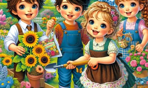 In un giardino in piena fioritura, quattro bambini sono riuniti per piantare fiori. Marco, un ragazzo di 10 anni con capelli castani e occhi vivaci, è al centro con un sacchetto di semi di girasole. A destra c'è Sofia, una ragazza di 9 anni con capelli biondi intrecciati e un sorriso radioso, che mostra con orgoglio i suoi semi colorati. A sinistra, Luca, un ragazzo di 10 anni con capelli castani e un cappellino, tiene in mano una piccola pala di plastica, pronto a scavare. Infine, Chiara, una ragazza di 9 anni con capelli ricci e un grembiule, è seduta sull'erba circondata da deliziosi biscotti al cioccolato. Il giardino è un vero quadro primaverile, con fiori multicolori che danzano al vento, alberi in fiore e un cielo blu splendente. Farfalle svolazzano intorno ai bambini, aggiungendo un tocco di magia alla scena. I bambini ridono e si aiutano a vicenda per piantare i fiori, pieni di entusiasmo e gioia, simboleggiando l'amicizia e la bellezza della natura in primavera.