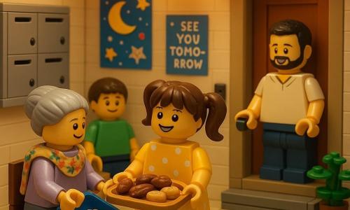 A joyful, slightly proud 6-year-old girl with brown hair in pigtails and big curious eyes, wearing a yellow polka-dot dress, stands in the warm cream-walled apartment hallway holding a wooden tray of dates and small cakes and offering them to neighbors; an elderly grandmother with gray hair in a bun and a floral scarf sits at a round table in the entryway opening a blue tin of photos and postcards, Mr. Hasan, a friendly neighbor in his 40s with a short beard and light T-shirt, stands by a nearby door giving a small box of dates, and an 8-year-old boy in a green T-shirt in the elevator holds a grocery bag and watches admiringly; the scene is centered on sharing and community, lit by golden evening light with warm colors, light tiles, metal mailboxes, a colorful 