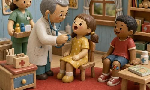 Um médico sorridente e gentil, rosto arredondado, cabelos curtos grisalhos e óculos finos, veste jaleco branco com bolso e segura um estetoscópio azul, inclinando-se levemente sobre uma menina de cerca de 6 anos sentada numa pequena cadeira de madeira, cabelo castanho em duas tranças, vestido amarelo de bolinhas brancas, mostrando a garganta com expressão confiante; um menino de cerca de 8 anos junto a uma mesa baixa, joelho enfaixado com curativo de super‑herói e camiseta vermelha, sorri enquanto observa o médico; uma enfermeira de cerca de 30 anos, pele clara e cabelo preso, com bata verde, fica atrás do médico com uma bandeja de madeira contendo frascos coloridos e um caderno; cena num consultório pediátrico em miniatura de madeira com paredes azul‑pastel decoradas com animais, janela com cortina às riscas, prateleira com livros e peluches e tapete redondo vermelho sobre mesa de madeira clara; estilo diorama de brinquedos de madeira, cores vivas, texturas de madeira visíveis, iluminação suave e acolhedora.
