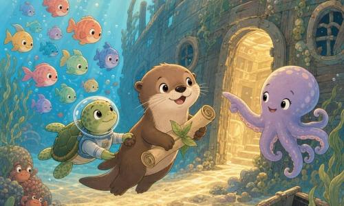 Ollie, a small round smiling curious otter with smooth brown fur and bright eyes holds a rolled leaf-map and swims gently before a wreck; Mina, a tiny green-spotted-shelled turtle, serene and loyal in a small diving suit, follows closely touching his paw with a flipper; a polite lavender octopus with pale spots floats to the right pointing an arm toward a wide hatch in the wreck; colorful round fish parade behind them and shy crabs hide in the sand to the left; setting: an old wreck on golden sand with swaying green seagrass, blue and golden light rays filtering through the water, shells, a broken crate and a starfish on the hull; main situation: a gentle, reassuring exploration of the wreck as the characters move together toward a lit wide door, map in hand, in calm pastel colors and soft textures.