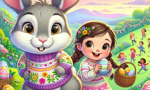 Pip, a small rabbit with big ears and soft gray fur, stands on a green hill, his eyes sparkling with excitement and joy. He wears a knitted sweater with multiple pockets, overflowing with brightly painted eggs. Next to him is Lila, a girl with braided brown hair, smiling with rosy cheeks, holding a floral-patterned egg in her hands. In the background, a pastel sky is tinted with pink and blue, while children run through a field of wildflowers, laughing and searching for hidden eggs. The scene is an Easter celebration, with colorful garlands hanging from trees and wicker baskets filled with treats. In the center of the image, Pip and Lila are preparing to announce the start of the egg hunt, surrounded by a joyful and festive atmosphere, full of light and vibrant colors.