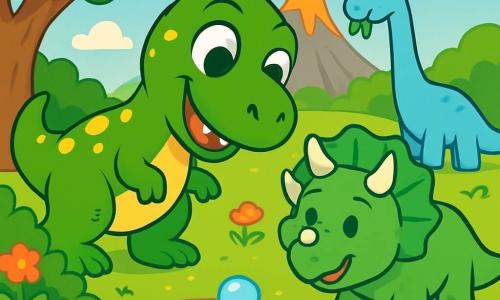 Un tânăr Tyrannosaurus Rex numit Tino, cu o piele verde aprinsă și pete galbene, are o expresie curioasă și veselă. Are ochi mari și rotunzi și un zâmbet strălucitor, în timp ce se apleacă pentru a observa bulele de apă dintr-o băltoacă. Lângă el, un Triceratops drăguț numit Mino, cu un carapace verde și trei coarne pe frunte, privește amuzat, stând aproape de un tufiș înflorit. Puțin mai departe, o mică Diplodocus numită Liza, cu un gât lung și o piele de culoare albastră deschisă, își întinde capul spre frunzele verzi, gata să le guste. Decorul este o vale verde, presărată cu flori colorate și copaci mari, cu un vulcan fumegând în fundal. Scena îi arată pe Tino și prietenii săi jucându-se vesel lângă băltoacă, stropind apă și râzând împreună.