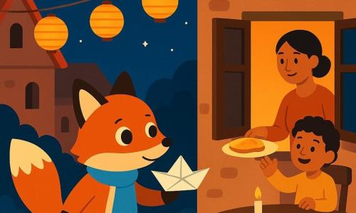 A plush red fox (main character) with a gentle, curious expression and big bright eyes walks on a small cobbled path, looking at an open window; it wears a light-blue scarf and holds a paper boat in its mouth. An adult woman with warm skin, tied-back hair and a kind smile stands inside near a table, offering a plate of bread out the window. A small child with curly hair and laughing eyes sits at the table with a lit candle, waving to the fox. The village alley at dusk features stone houses with red roofs, hanging lanterns and honey-colored lights, a thin silver crescent moon and a few stars in a deep blue sky. Mood: gentle nighttime sharing, warm colors (ochres, reds, deep blues), simple shapes and rounded silhouettes. Composition: fox in the lower-left foreground, open window and family table to the right background, lanterns and moon above framing the scene.