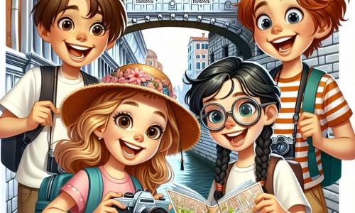 Quattro bambini, due ragazzi e due ragazze di nove anni, si trovano insieme sul famoso Ponte dei Sospiri a Venezia. Marco, un ragazzo dai capelli castani e dagli occhi vivaci, tiene una macchina fotografica, pronto a catturare il momento. Sofia, una ragazza dai capelli biondi e ricci, sorride felicemente indossando un bel cappello di paglia. Luca, un ragazzo con occhiali tondi e capelli castani, guarda attentamente una mappa della città, mentre Chiara, una ragazza con capelli neri e trecce, tiene un taccuino pieno di appunti e schizzi. Il ponte è circondato da canali scintillanti, con gondole che scivolano dolcemente sull'acqua. Gli edifici veneziani, adornati con balconi in ferro battuto e fiori colorati, si ergono maestosi sullo sfondo, mentre il cielo è di un blu luminoso, punteggiato di nuvole bianche e soffici. I bambini sono in esplorazione, discutendo con entusiasmo dei tesori nascosti della città, pronti a scoprire le storie affascinanti che ogni angolo di Venezia ha da offrire.