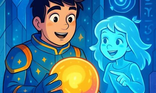 A man, Captain Orion Starflame, stands at the center of the scene, with a look of wonder and determination. He wears a shiny spacesuit adorned with star patterns, and his face is framed by tousled black hair. He is touching a large glowing sphere, the Heart of Nebulon, which pulses with vibrant colors, illuminating his face with a golden glow. Beside him, a female hologram, Luma, appears. She looks like a 12-year-old girl with silver hair floating like strands of light. She smiles joyfully, pointing at the sphere to encourage Orion. The setting is an ancient space station with sparkling crystal walls and mysterious inscriptions glowing in blue and purple hues. Holograms of galaxies and stars float around them, creating a magical and futuristic atmosphere. The main scene shows Orion discovering the Heart of Nebulon, a source of cosmic power, while Luma encourages him. The atmosphere is filled with energy and mystery, with bursts of light and vibrant colors evoking wonder and adventure.