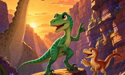 Vela, a joyful, curious velociraptor with large bright eyes and smooth emerald-green skin striped turquoise, stands on a rock raising a claw as she tells a story to friends at dusk in the Echo Canyon; behind her, Echo, a calm, kind beige diplodocus with brown spots and a gentle smile, leans in to listen while towering in the left background, and in the front right Pip, a mischievous small compsognathus with soft cream-and-russet plumage, hops near Vela's feet with a sly look; the canyon shows ochre and violet rock layers, tiny stalactites and small blue flowers in cracks, warm orange sunset rays, a centered triangular composition, warm magical atmosphere, vivid colors and childlike expressive detail.