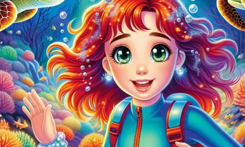 A 12-year-old girl with vibrant red hair floating around her is wearing a blue wetsuit. She has sparkling eyes of curiosity and a delighted smile, enthusiastically swimming in crystal-clear water. Nearby, two majestic sea turtles with intricately patterned shells observe her with wise, kind eyes. The setting is an enchanting underwater world, where colorful corals spread like a vibrant garden, illuminated by rays of light filtering through the water's surface. Schools of shiny-scaled fish swim around her, creating a colorful dance. The main scene shows the girl discovering a beautiful glowing pearl at the center of an underwater cave, surrounded by bioluminescent corals emitting a soft glow, while a melodious song resonates in the water, offering her a moment of magic and connection with the ocean.