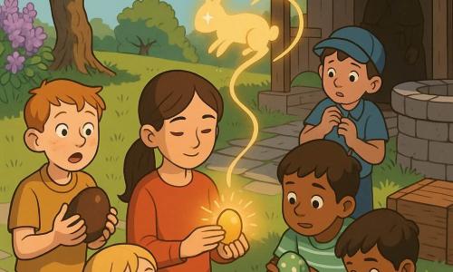 Sunt 6 personaje: Daria (fată, 10 ani) cu părul brun prins la spate, calmă, ține în centru un mic ou auriu care emite o lumină caldă; Vlad (băiat, 10 ani) păr roșcat scurt, mâini ușor murdare, stânga Daria, ține un mare ou de ciocolată și pare surprins; Radu (băiat, 10 ani) păr castaniu, curios, în genunchi lângă un fântână de piatră în dreapta, examinează un ou verde cu puncte albe; Mara (fată, 6 ani) păr blond în două codițe, ochi măriți, în fața Daria, atingă ușor oul auriu cu vârful degetelor; Ionuț (băiat, 6 ani) cu șapcă albastră, timid, în spatele Daria spre dreapta, strânge șapca și privește lumina; creatură magică: Iepuraș de lumină, un mic iepure format dintr-o bandă de lumină aurie, plutește deasupra unui coș de nuiele, urechi lungi și ochi ca picături de stea. Loc: curte de fermă, dimineață de primăvară, pajiște scurtă, tufe de liliac violet la stânga, măr bătrân la spate, prispa de lemn cu o bunică în umbră, dale neregulate și o cutie de lemn uzată într-un colț; culori blânde și texturi vizibile. Situația: moment de descoperire — copiii în jurul coșului cu ouă colorate, oul auriu din centru emite o panglică subțire de lumină care se înfășoară și formează iepurașul luminos; expresii de mirare, gesturi calme și respectuoase, atmosferă caldă cu lumină aurie contrastând cu pastelurile de primăvară.