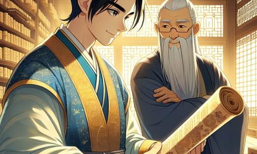 A man named Li Wei, in his thirties, stands at the center of the scene, his eyes shining with determination. He wears a simple yet elegant robe in shades of blue and gold that glimmers slightly in the sunlight. His black hair is tied in a neat bun, and he holds an ancient scroll in his hands, ready to uncover its secrets. Beside him, an old man, Master Shen, around 70 years old, watches with a benevolent smile. He has a long white beard that reaches his chest and wears a monk's robe adorned with subtle patterns. He stands slightly back, arms crossed, admiring Li Wei's fervor. The setting is the Great Library of Chang'an, a majestic place with carved wooden walls filled with thousands of scrolls and books. Shelves stretch to the ceiling, and paper lanterns cast a soft, warm light. Rice paper windows let in beams of sunlight, illuminating the dust in the air. The main scene shows Li Wei about to decipher the mysterious scroll of Xuán Lóng, as magical light emanates from the parchment, creating an atmosphere of wonder and mystery.
