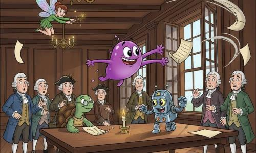 Zog, a small shiny purple blob with bulging eyes and a big nervous-but-brave smile, stretches elastically in the air to catch a flying parchment; Faye, a mischievous iridescent-winged fairy, floats in a corner waving a wand that sends golden sparks; Tilly, a wise turtle with round glasses, stands behind a wooden table nudging the scroll toward the signing area; Rolo, a cuddly polished-metal robot with glowing eyes and visible gears, buzzes beside Zog ready to help; several surprised 18th-century men in suits cluster around a large wooden table; the scene is inside Independence Hall—dark beams, multipane windows, brass chandeliers and a visible draft blowing papers—showing a dynamic, slightly comic moment as Zog snatches the precious document, a candle tips and friends use small magics and technical maneuvers to avert a historical disaster.