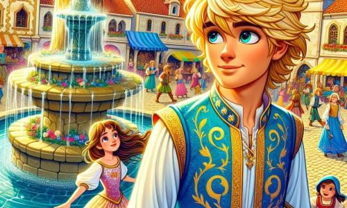 A brave prince, about 12 years old with golden hair like wheat, stands under a large oak tree, his face determined and eyes shining with hope. He wears a blue tunic adorned with golden patterns and lightweight linen trousers. Beside him is Princess Mira, 11 years old, with long brown hair and sparkling eyes, looking at the prince with admiration. She is dressed in a delicate pink dress sprinkled with white flowers and holds a small book in her hands. The setting is a lively square surrounded by colorful houses with tiled roofs, with market stalls overflowing with fruits and flowers. In the center, a sparkling fountain jets from a stone basin, and children play around it, laughing and running. The scene shows the prince and princess discussing with villagers, trying to resolve a misunderstanding. The atmosphere is vibrant and full of energy, with bright colors and warm smiles, symbolizing unity and understanding.