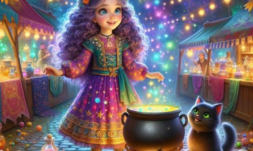 Em uma vila mágica, uma jovem bruxa chamada Floribella, com cerca de 10 anos, está no centro da cena. Ela tem longos cabelos cacheados de um roxo vibrante e usa um vestido colorido adornado com estrelas cintilantes. Seu rosto expressa curiosidade e empolgação enquanto mistura uma poção efervescente em um grande caldeirão de ferro, cercada por bolhas multicoloridas que flutuam no ar. Ao seu lado, seu fiel gato, Rufus, um gato preto com olhos verdes brilhantes, está em suas patas traseiras, olhando para a poção com uma mistura de admiração e impaciência. O cenário é um mercado encantado, com barracas coloridas transbordando de poções, livros de magia e criaturas fantásticas. Árvores com folhas douradas cercam a cena, e luzes cintilantes flutuam no ar, criando uma atmosfera mágica. Floribella está preparando uma poção mágica, enquanto Rufus, curioso, se aproxima do caldeirão, pronto para descobrir as surpresas que a poção pode trazer. Risadas e sussurros de magia enchem o ar, tornando a atmosfera ainda mais encantadora.