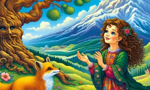No centro da imagem, uma menina de 10 anos chamada Clara, com cabelos castanhos ondulados, usa um vestido colorido decorado com flores. Seu rosto irradia curiosidade e deslumbramento, enquanto ela está de pé em uma colina verdejante, com os braços ligeiramente abertos, como se estivesse pronta para abraçar o mundo ao seu redor. À sua direita, um majestoso carvalho, com galhos estendidos, parece sussurrar segredos. À sua esquerda, uma raposa de pelos dourados, com olhos travessos, a observa atentamente, como se fosse uma sábia guia no caminho da descoberta. O cenário é uma montanha com picos nevados, sob um céu azul brilhante salpicado de nuvens brancas e fofas. Flores silvestres coloridas cobrem o chão, adicionando um toque de magia ao ambiente. A situação principal mostra Clara fazendo uma pergunta ao carvalho, com os olhos brilhando de esperança, enquanto a raposa, com uma expressão misteriosa, parece pronta para lhe dar uma resposta cheia de sabedoria. A atmosfera é marcada por serenidade e aventura, convidando as crianças a explorar os mistérios da vida.