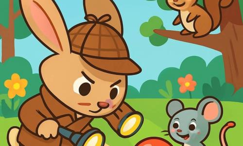 A little rabbit named Benji, with large soft ears and light brown fur, wears a detective hat and has a determined and curious expression. He is examining the ground with a small lamp attached to his ear, searching for clues. Next to him, a small mouse named Millie, with gray fur and sparkling eyes, holds the dreaded red balloon in her tiny paws, smiling mischievously. A squirrel named Sammy, with brown fur and a bushy tail, stands on a branch, watching the scene with an amused look. In the background, a vibrant garden filled with bright flowers, tall green trees, and a clear blue sky creates a joyful and welcoming atmosphere. The main scene shows Benji, the detective rabbit, discovering the red balloon, surrounded by his friends, all ready to solve the mystery together.