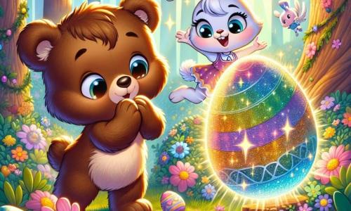 Ein kleiner brauner Bär namens Bruno mit weichem Fell und funkelnden Augen beugt sich neugierig über ein großes, buntes Ei, das im Sonnenlicht tanzt und glänzt. Neben ihm hüpft ein kleines weißes Kaninchen namens Lila mit großen Ohren und fröhlichem Lächeln vor Freude und klatscht mit den Hinterpfoten in die Luft. Die Szene spielt in einem verzauberten Wald, wo die Bäume mit leuchtenden Blumen bedeckt sind und Sonnenstrahlen durch das Laub filtern, wodurch helle Muster auf dem Boden entstehen. Bunte Ostereier sind zwischen den Sträuchern und Blumen versteckt, was der Umgebung eine festliche Note verleiht. Bruno und Lila entdecken gemeinsam das tanzende magische Ei, voller Aufregung und Lachen, während ein kleiner Elf mit funkelnden Flügeln, Pip, sie hinter einem Baum lächelnd beobachtet, bereit, sie mit seinen Scherzen zu überraschen.