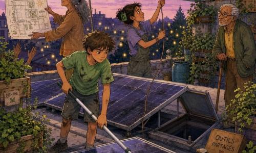Un chico de 12 años, Leo, decidido y alegre, pelo corto castaño despeinado, camiseta verde con polvo, limpia un panel solar con una manga telescópica; una niña de 12 años, Naya, con moño sujeto con un clip hecho de una caja reciclada, tensa una cuerda para estabilizar una lona detrás de Leo; una mujer mayor, Suri, de unos 60 años, delgada, pelo gris recogido, muestra un plano a los vecinos desde el borde del tejado; un hombre mayor, Tomás, de unos 75 años, con arrugas y gafas redondas, apoyado en su bastón junto a una trampilla, observa agradecido; escenario: tejado plano con paneles solares parcialmente oscurecidos por microfibrillas, jardineras verticales con menta y hiedra, cielo violeta al crepúsculo y luces de calle verdes abajo; situación: vecinos ensamblan una lona filtrante y limpian los paneles con gestos calmados y herramientas y materiales reciclados; estilo: tinta coloreada con trazos nítidos y texturas acuareladas, paleta de verdes menta, violetas suaves y ocres, polvo oscuro en los paneles y reflejos dorados del sol poniente.