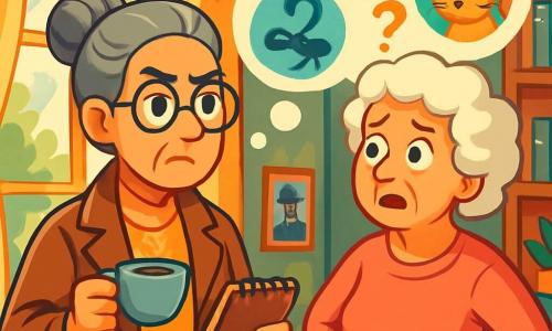 Detective Mira Lopez, in her sixties with gray hair in a bun and round glasses, stands by a window. She has a determined and curious look, holding a cup of tea in one hand and a notebook in the other. Next to her is Mrs. Beckett, an elderly woman around 70, with curly white hair and a pink sweater, looking worried with her hands on her hips, as if she has just shared a secret. Their conversation takes place in Mira's cozy living room, filled with books, green plants, and memories of her past investigations, with sunlight filtering through the curtains. The main situation shows Mira pondering a series of mysteries: missing blue ribbons, a lost cat, and a stolen cookbook, while Mrs. Beckett explains the situation, creating an atmosphere of suspense and excitement.