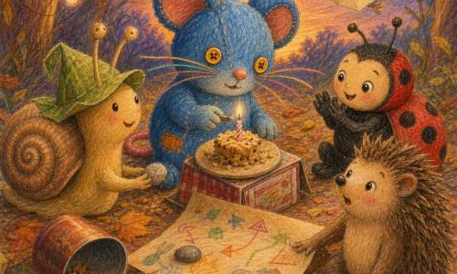 Bruna, una ratoncita de tela azul con botones amarillos por ojos y costuras visibles, sonríe y sopla una vela sobre un mini pastel de migas; Tito, un caracol con sombrero de hoja, avanza a la izquierda colocando una piedra junto al pastel; Lila, una mariquita roja de lunares negros, aplaude a la derecha; Pom, un pequeño erizo marrón de púas suaves, está sentado delante sorprendido y feliz con una pata sobre un pergamino desenrollado; Nube, un pajarito de papel marfil, vuela justo encima del grupo; el suelo es una alfombra de hojas secas naranja y amarillas con un gran rollo de papel kraft desplegado con flechas y dibujos en el centro y una caja de galletas volcada que sirve de mesa con migas; escena principal: cálido cumpleaños al crepúsculo en un claro del 