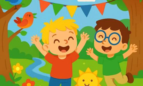 Er zijn 2 hoofdpersonen: - Finn: een 6-jarig jongetje met rommelig blond haar, gekleed in een rood T-shirt en een blauwe short. Hij staat in het midden, glimlachend en met zijn armen in de lucht om zijn verjaardag te vieren. - Sam: een 6-jarig jongetje met bruin haar en ronde bril, gekleed in een groen T-shirt en een beige broek. Hij staat naast Finn, springend van blijdschap met een grote glimlach. De locatie is een mooie kampeerweide, omringd door grote groene bomen, met een glinsterend beekje op de achtergrond. Kleurrijke bloemen groeien eromheen en vogels zingen in de takken. De lucht is blauw met enkele donzige witte wolken. De belangrijkste situatie toont Finn en Sam die Finns verjaardag vieren, omringd door zelfgemaakte versieringen: een grote tak versierd met bladeren en een mooie taart in de vorm van de zon op een steen. Ze zijn vrolijk en klaar om samen in de natuur te spelen.