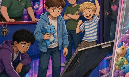 Zes personen: Noah (11) centraal, kalme blik, kort bruin haar, lichtblauwe jas, houdt een klein blauw draakpluche in zijn rechterhand en kijkt naar een luik in de grijpmachine; Finn (11) rechts van Noah, warrig blond haar, gestreept T‑shirt, vrolijk klappend met de linkerhand terwijl hij het pluche omhoog houdt; Omar (11) links van Noah, gebruinde huid, krullend zwart haar, gebogen, wijst op een kleverig doorzichtig plastic deeltje op de grond; Jens (12) achter Noah rechts, pet op, groen T‑shirt, armen over elkaar, wantrouwende blik; Linde (16) in een grijze hoodie met pixelhoopmotief, lange haren vast, schuldbewust verrast, staat half in de deur met PERSONEEL op de achtergrond; de beheerder (~40) achter de kassa linksachter, groen polo, zware sleutelbos aan de riem, handen op de toonbank, bezorgde blik. Locatie: kleurige arcadehal met glanzende tegels, roze en blauwe neonlichten, knipperende machines en gepixelde posters; op de voorgrond een glazen grijpmachine met metalen opening en een licht opengelicht doorzichtig klepje dat een donker tweede bakje toont. Hoofdtaak: de kinderen ontdekken een verborgen luik onder de uitloop van de grijpmachine — Noah houdt het gevonden pluche, Omar toont het kleverige plastic, Finn reageert blij, Jens kijkt achterdochtig, Linde staat schuldig in de personeelsdeur en de beheerder kijkt verrast; dynamische scène, duidelijke expressies, contrasterende neonlichtjes, zachte pluche, glanzend kleverig plastic en versleten metaal.