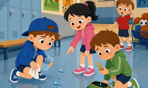 Personaggio principale: Leo, bambino di 6 anni, sguardo concentrato e curioso, sopracciglia lievemente aggrottate, capelli castani corti, berretto blu, accovacciato con una bottiglia vuota in una mano e un panno nell’altra; personaggi secondari: Maya, bambina di ~6 anni, capelli neri in coda, sorriso gentile, indica una scia di gocce sul pavimento; Edo, bambino di ~6 anni, viso timido e arrossito, capelli castani, tiene una piccola figurina brillante con la borsa sportiva verde aperta ai suoi piedi; Tommaso, bambino di ~6 anni, espressione sorpresa e comica, maglietta rossa, sullo sfondo vicino a un cestino di palloni; luogo: interno palestra e corridoio d’accesso con pavimento in linoleum lucido, panchine chiare, armadietti metallico azzurro e poster sportivi, luce morbida dalle finestre alte; situazione: i piccoli investigatori scoprono una borsa che perde, una scia di gocce conduce alla borsa verde e a una piccola pozza brillante, atmosfera di cooperazione e curiosità infantile.