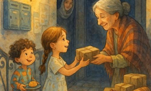 Amina, bambina di 8 anni, sorridente e commossa, capelli castano chiaro in treccia, in veste leggera a motivi di piccole lune, porge un piccolo pacco in carta kraft alla porta di un appartamento; Sami, fratellino di 5 anni, vispo con capelli ricci e pigiama colorato, tiene un biscotto su un vassoio e osserva dalla soglia accanto a lei; la vicina, signora Lina, circa 60 anni, volto dolce con rughe di sorriso e scialle a quadri, apre la porta ricevendo il pacco con gratitudine; la madre, intorno ai 35 anni, con foulard leggero, sorride osservando dall'ombra del corridoio; l'ingresso è di un palazzo in pietra chiara, pianerottolo stretto con ringhiera in ferro battuto, lampada da parete gialla che diffonde calda luce, cassette postali e manifesti sulle pareti, pavimento di piastrelle consumate; scena principale: gesto semplice e affettuoso al crepuscolo con pacchi su un tavolino contenenti datteri e pane, luce argentea della luna che filtra da una finestra alta, atmosfera dolce e calorosa.